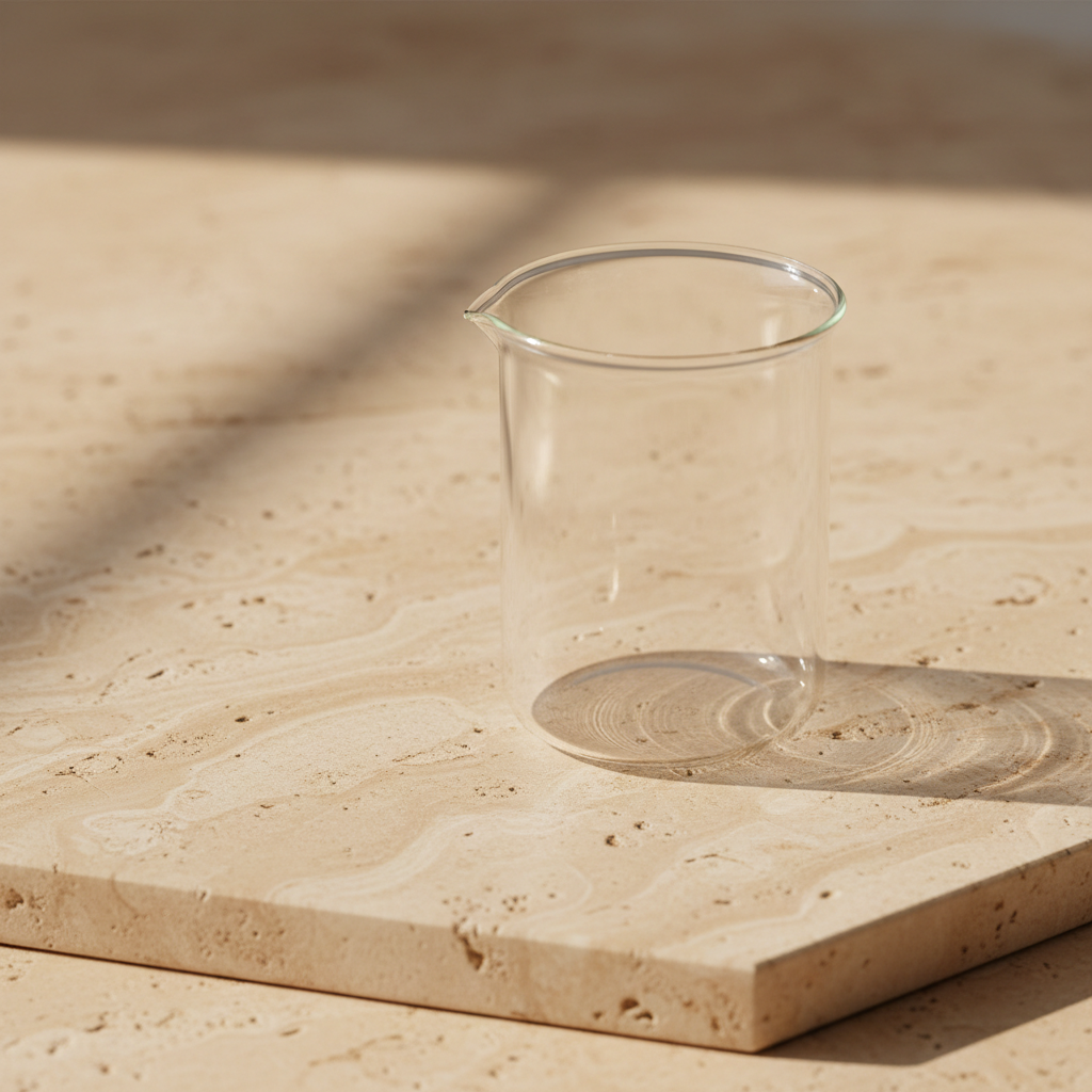 Precision glass vessel on warm ivory stone — EverTrue quality standards