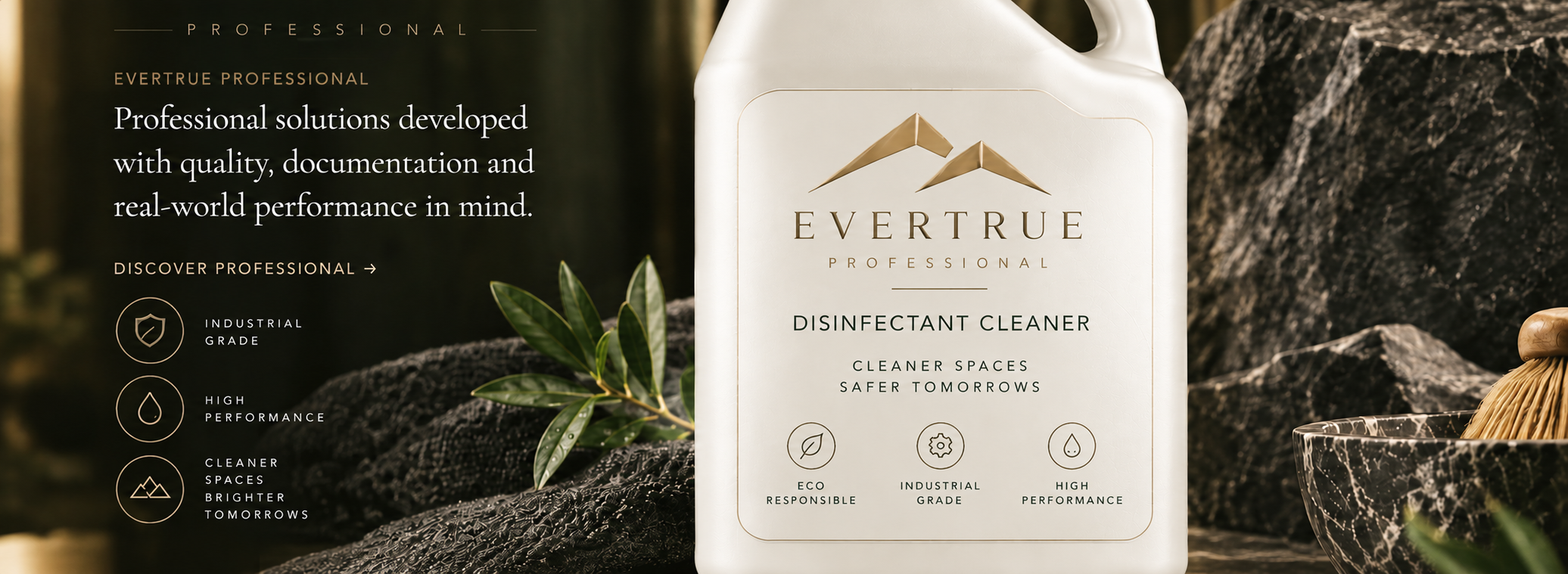 Clean minimal professional surface with warm stone and clear glass